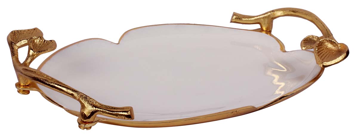 Buy in Bulk Wholesale Decorative Metal Tray with 15.5” Hand-Enamelled Leaf Handles - White Golden - Modern Home Decor